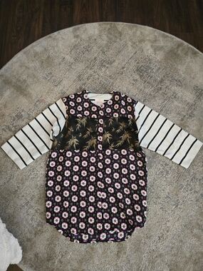 Native Rose Black Floral & Striped Button-Front Mixed-Print Top